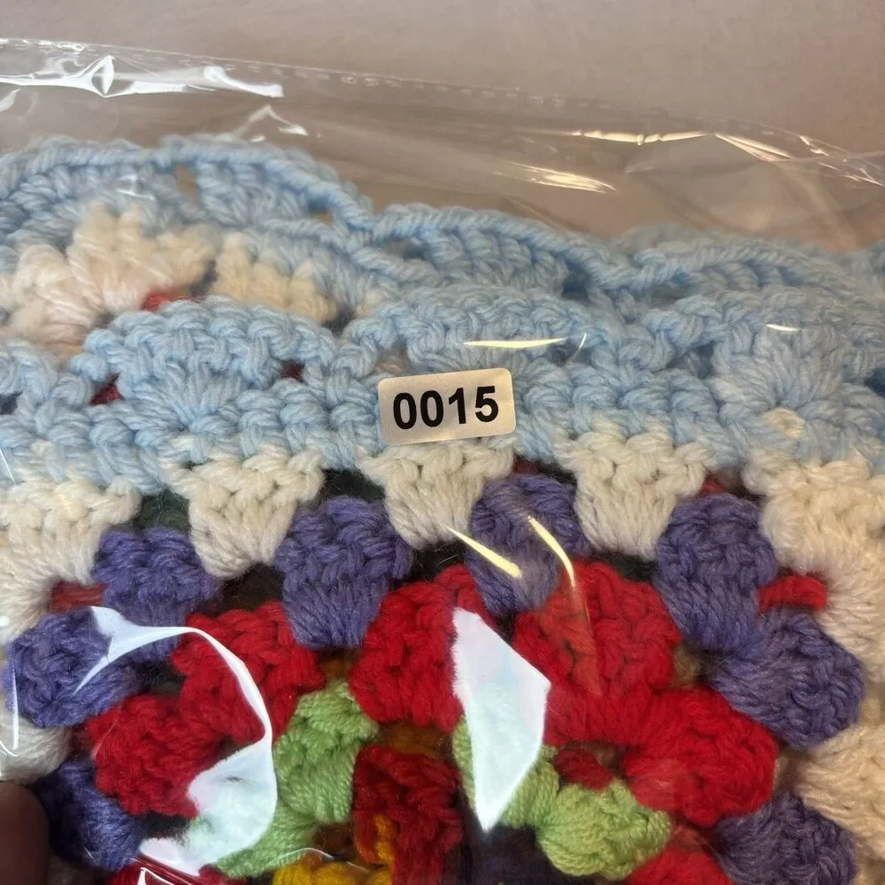 Vtg Colorful Granny Square Crochet Crib Size Chair Throw Light Blue Trim 32 X32